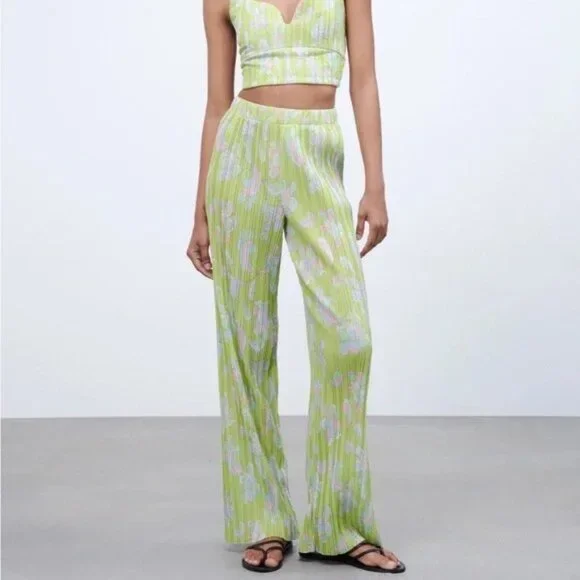 Zara Lime Green Pleated Wide Leg Pant m - Picture 11 of 13